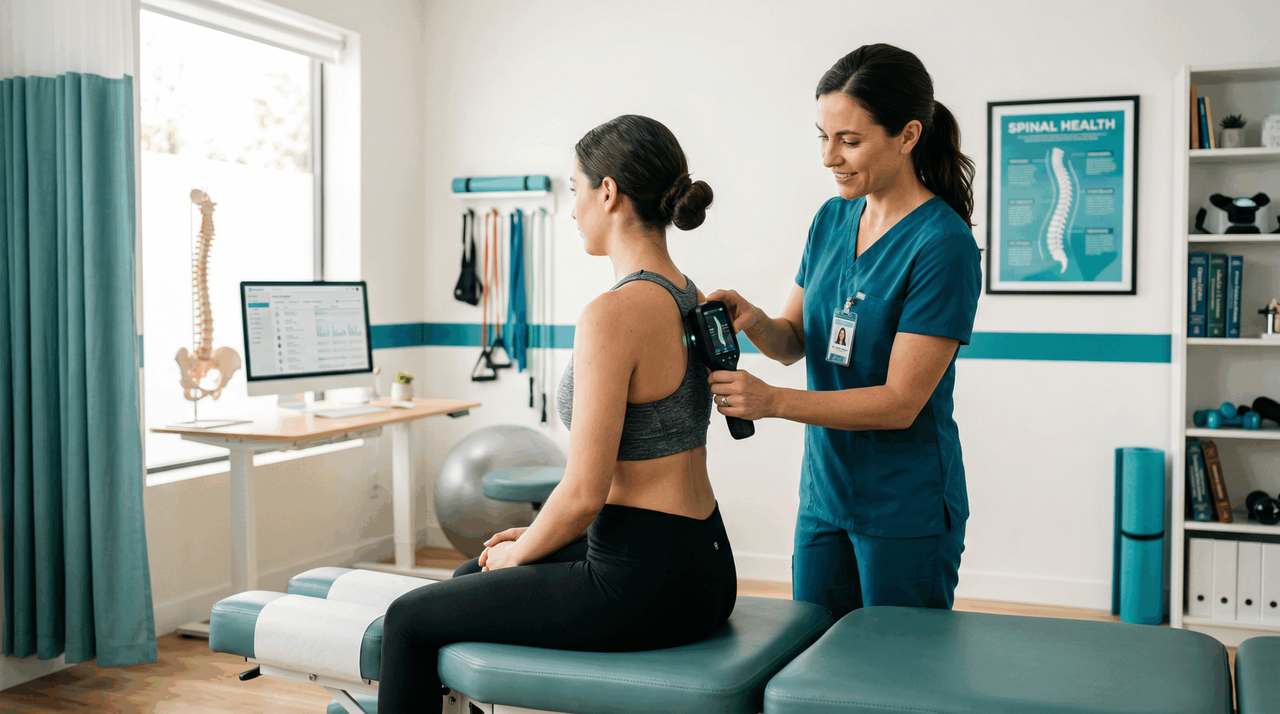 Chiropractor performing spinal assessment with a digital evaluation tool on a patient in a modern clinical office