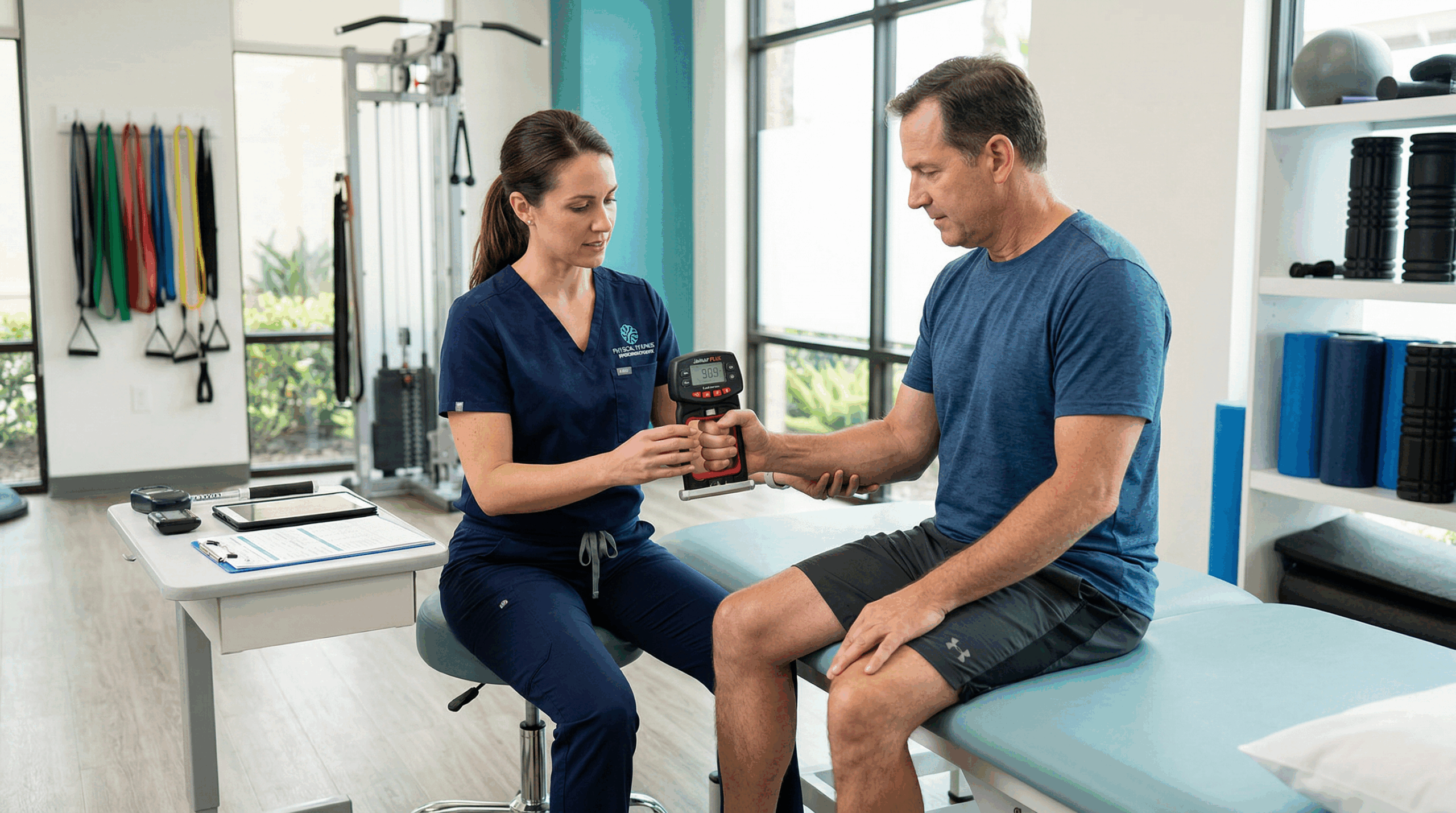 Physical therapist measuring patient grip strength with a digital dynamometer during a functional capacity evaluation in a modern rehabilitation clinic