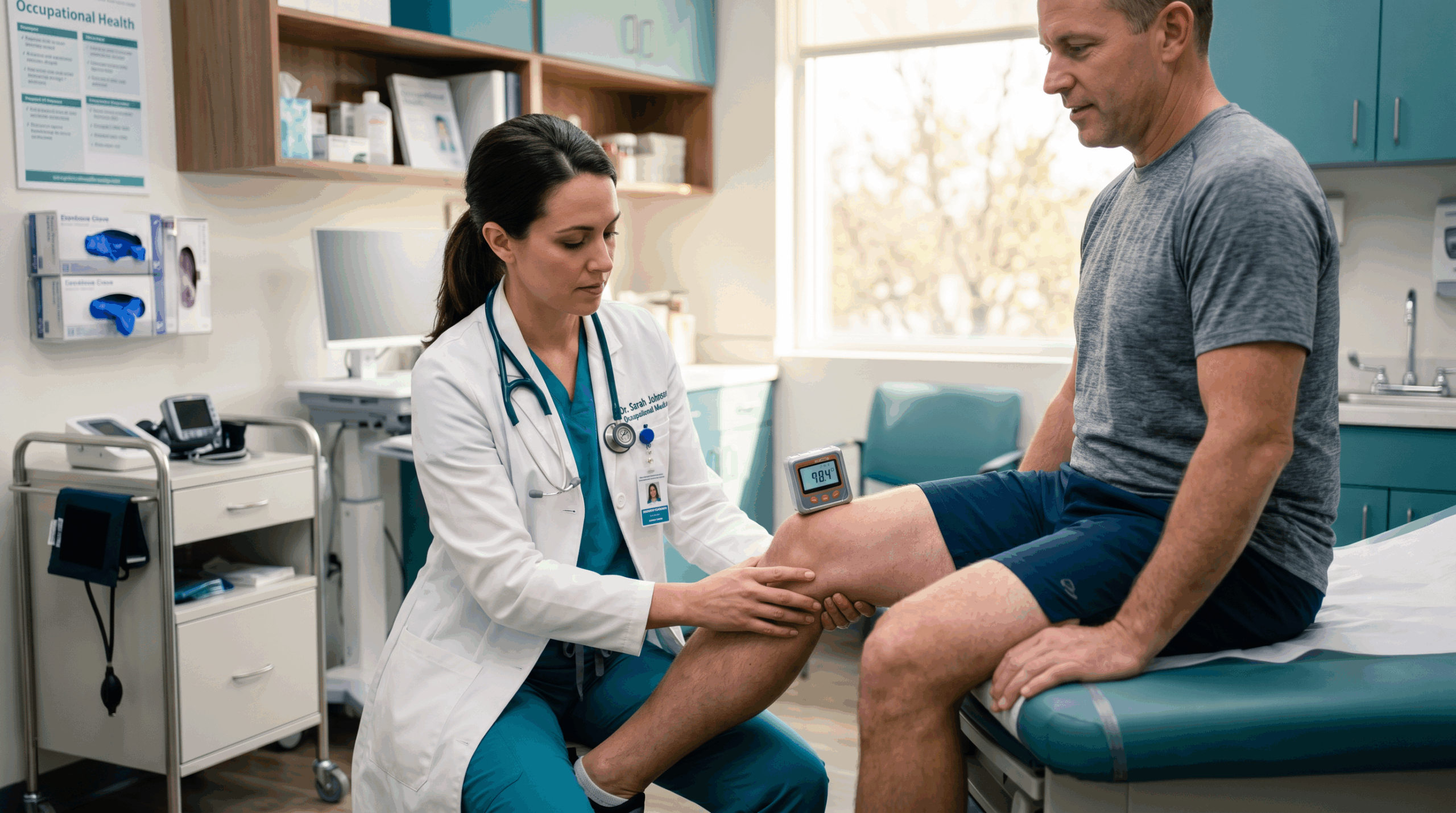 Occupational medicine physician measuring patient's knee range of motion with a digital inclinometer during an impairment evaluation