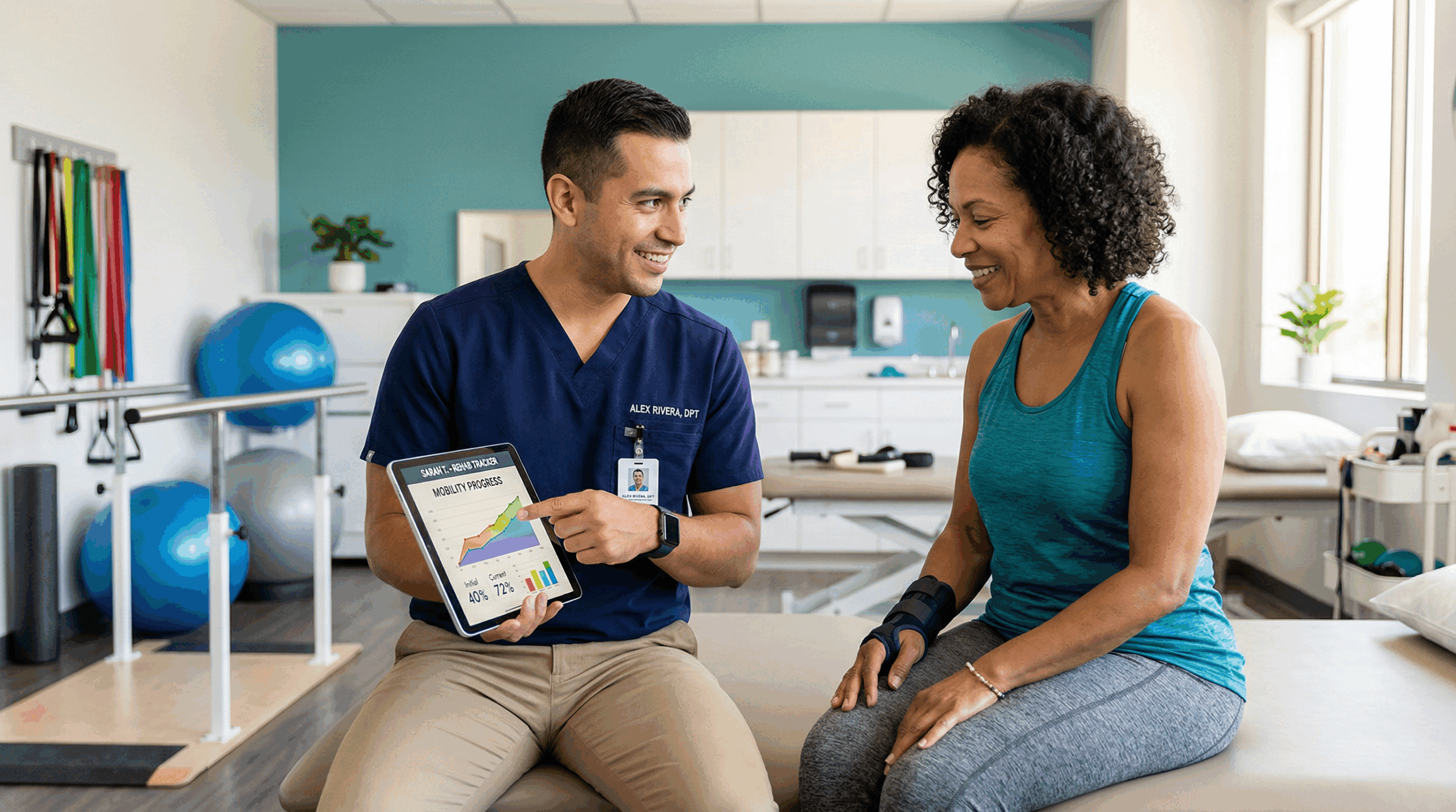 Physical therapist showing a patient their mobility progress chart on a tablet in a modern rehabilitation clinic