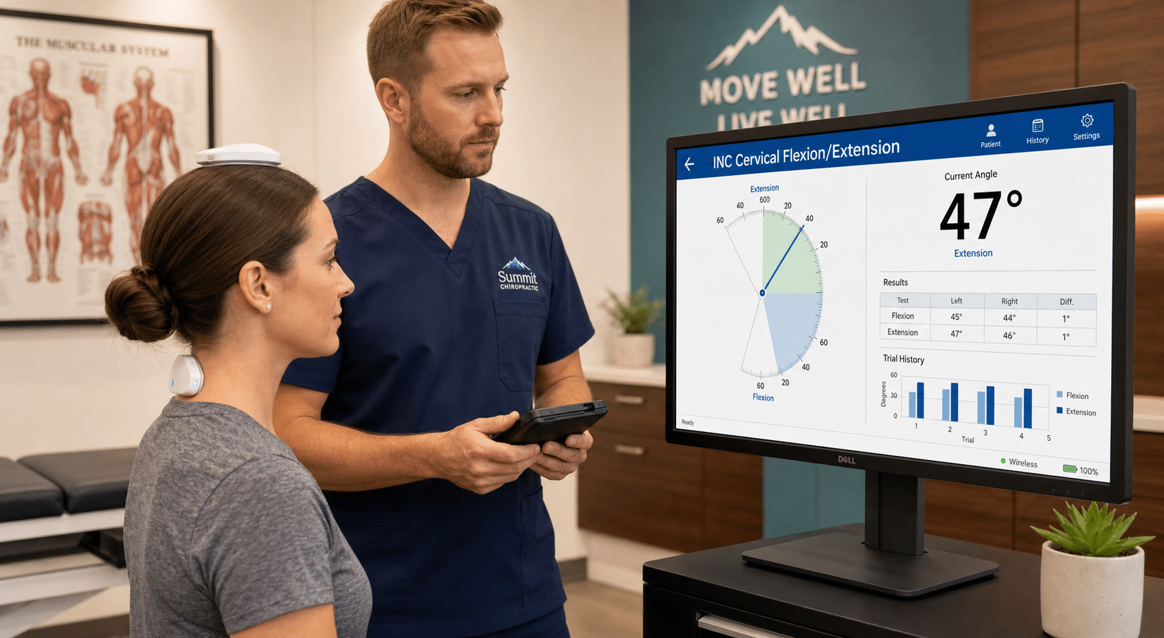 Whiplash cervical assessment using JTECH Northstar Echo dual inclinometers &mdash; chiropractor performing a cervical range of motion test on a seated patient with two wireless sensors placed on the head and base of the neck, while reviewing live measurement data on a Northstar software dashboard showing a 47-degree reading, left/right comparison table, and trial-by-trial bar chart