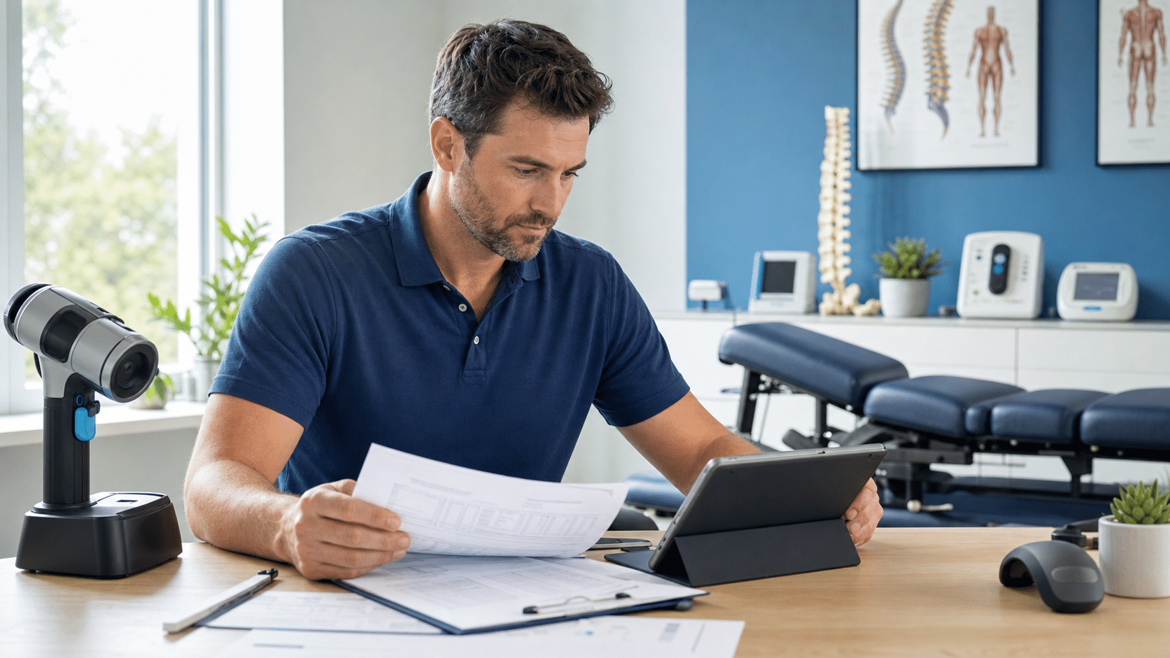 Chiropractor reviewing tax documents and financial data on a tablet at a desk in a modern clinic, with a JTECH dynamometer and rehabilitation equipment visible in the background.