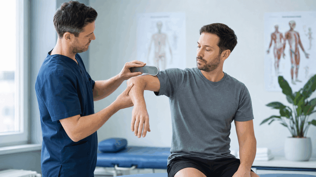 Clinician using a functional assessment tool to document medical necessity for a patient's care plan