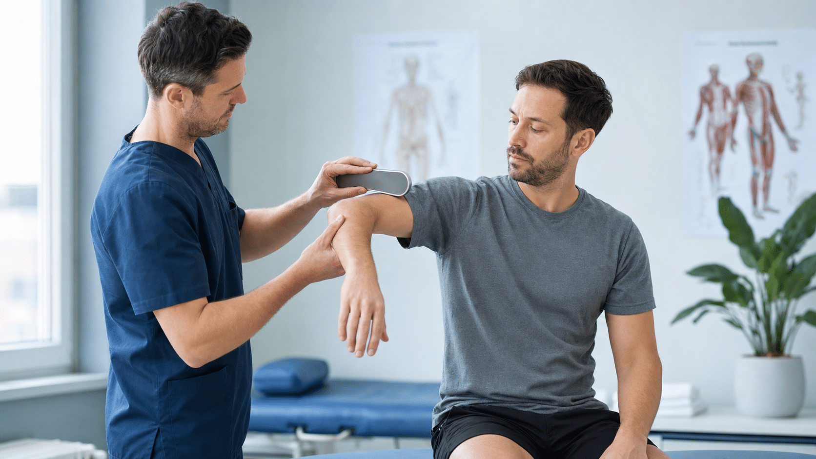 Clinician measuring a seated patient's shoulder range of motion with a handheld inclinometer during an impairment rating evaluation in a modern clinic.